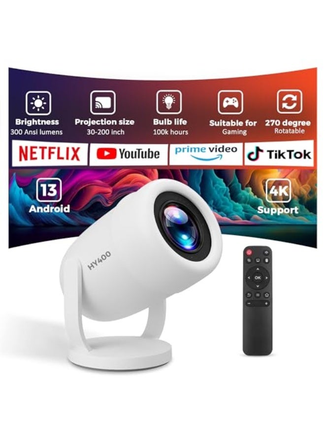 AL RAID HY400 4K Premium Smart Mini Projector, 300 Lumens, 1080P Android 13, 270° Rotatable, 100,000 Hours Lamp Life with 200 Inch Large Screen, Ultra HD Portable Gaming Projector for TV and Outdoors - Image 1