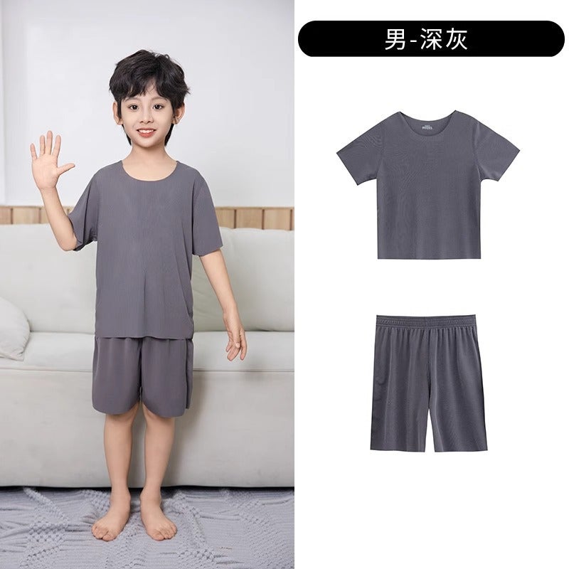 Childrens pajamas summer breathable ice silk ice feeling short sleeve suit thin boys and girls comfortable home clothes wholesale Boys-dark gray 