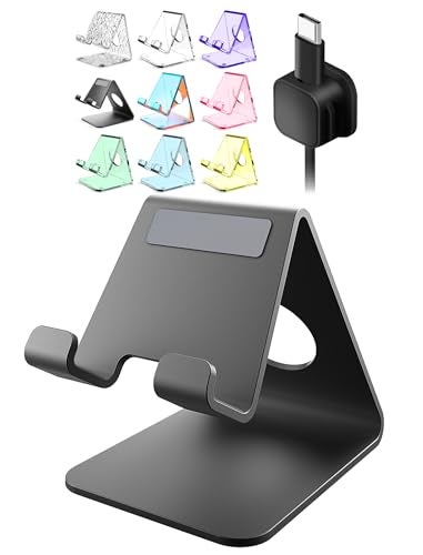 TOPGO Cell Phone Stand for Desk, Device Holder, Cradle, Holder, Metal Phone Stand with Cable Collective for Office Desk, Bedside Table Compatible with iPhone 16 15 Pro Max and All Smart Phones - Black - Image 1