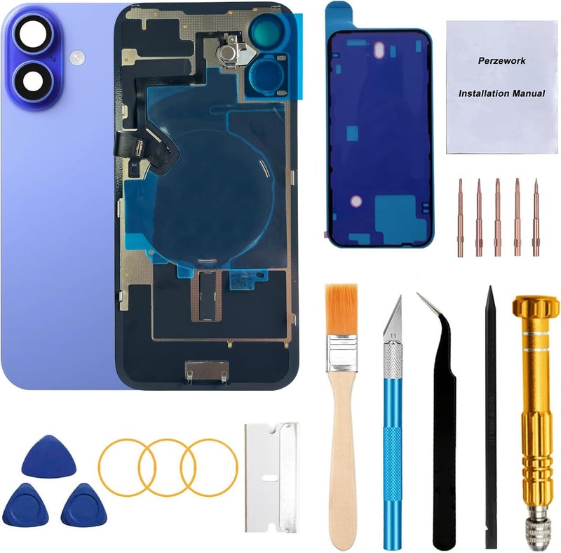 Perzework Rear Back Glass Replacement for iPhone 16 6.1-inches with Reparing Tool Kit and All Necessary Parts (Ultramarine) - Image 1