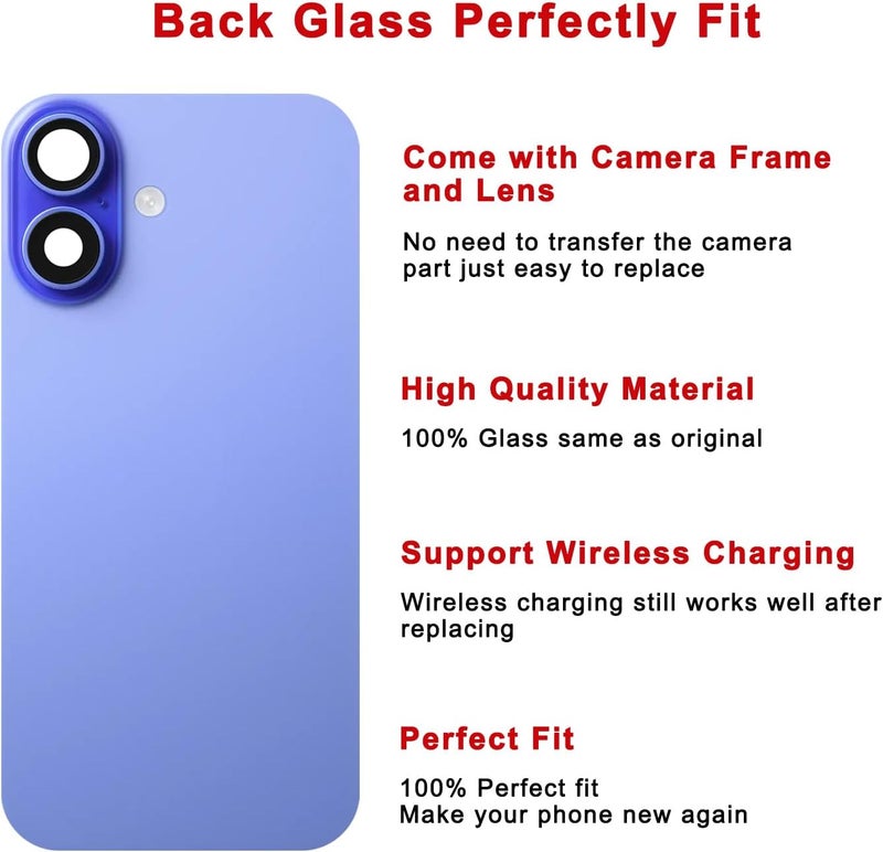 Perzework Rear Back Glass Replacement for iPhone 16 6.1-inches with Reparing Tool Kit and All Necessary Parts (Ultramarine) - Image 3