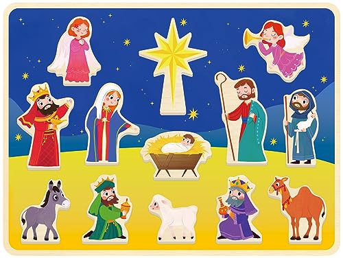 MoinKidz 13 Piece Nativity Scene Puzzle Christmas Wooden Chunky Jigsaw Puzzles for Kids Ages 35 Nativity Set Preschool Educational Toy for Toddlers - Image 1