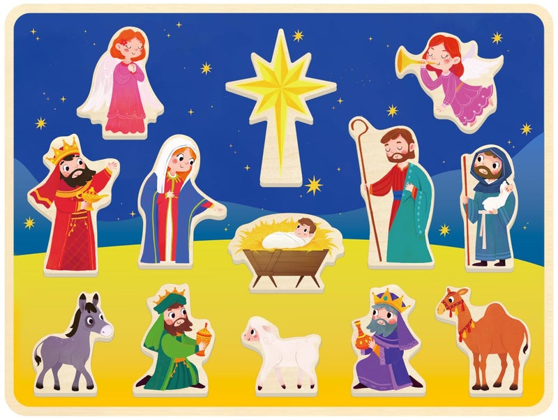 MoinKidz 13 Piece Nativity Scene Puzzle Christmas Wooden Chunky Jigsaw Puzzles for Kids Ages 35 Nativity Set Preschool Educational Toy for Toddlers - Image 3