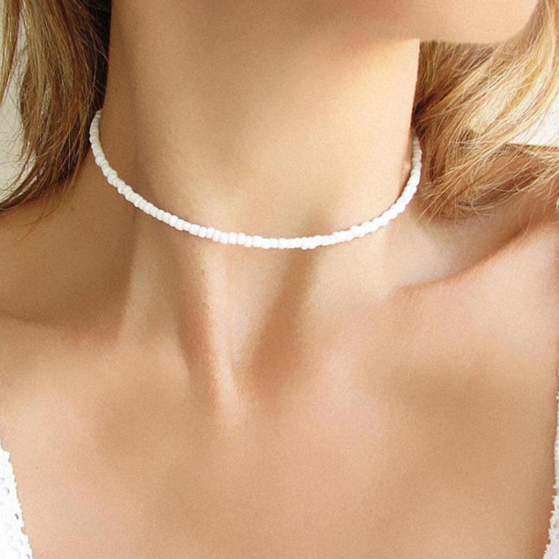 Tgirls Boho Choker Necklace Chain Rice Beaded Necklaces Seed Bead Necklace Accessory for Women (White) - Image 2