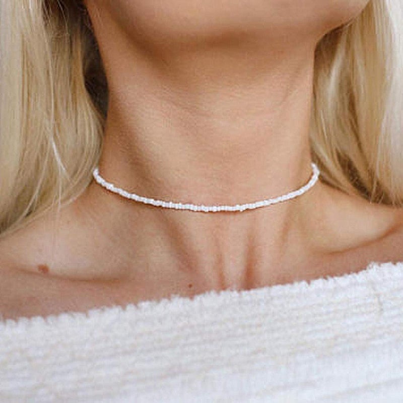 Tgirls Boho Choker Necklace Chain Rice Beaded Necklaces Seed Bead Necklace Accessory for Women (White) - Image 3