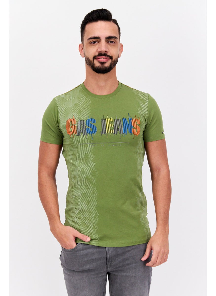 GAS Men Crew Neck Short Sleeve Brand Logo T Shirt, Olive Combo  - Image 1
