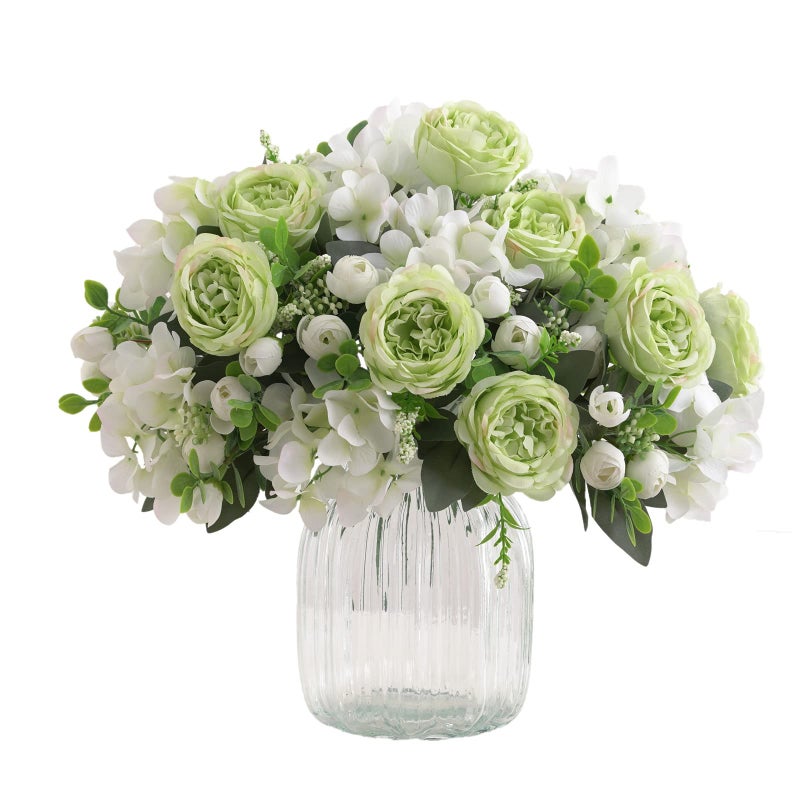 karoro 4 Bunches Green Peony Artificial Flowers for Decoration Faux Rose Fake Bouquet Silk Arrangements Table Centerpiece for Vase Cake Topper Bridal Baby Shower