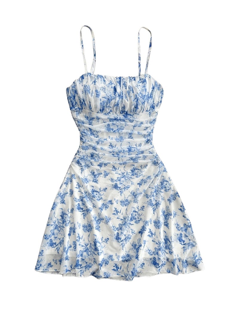 WDIRARA Women's Floral Print Ruched Cami Dress Spaghetti Strap Ruffle Hem Mesh Mini Dress Blue and White Medium - Image 1