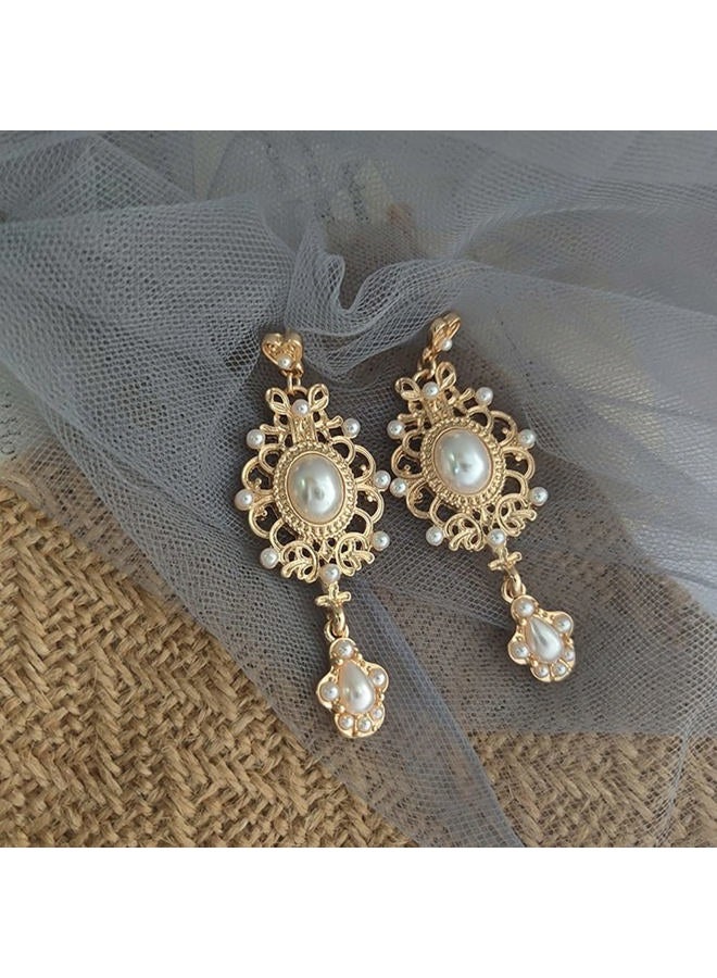 Minzaos BETHYNAS Baroque Pearl Dangle Earrings Retro Palace Style Pearl Chandelier Earrings Vintage Pearl Earrings Bridal Earrings Gorgeous Earrings for Girls Women - Image 5
