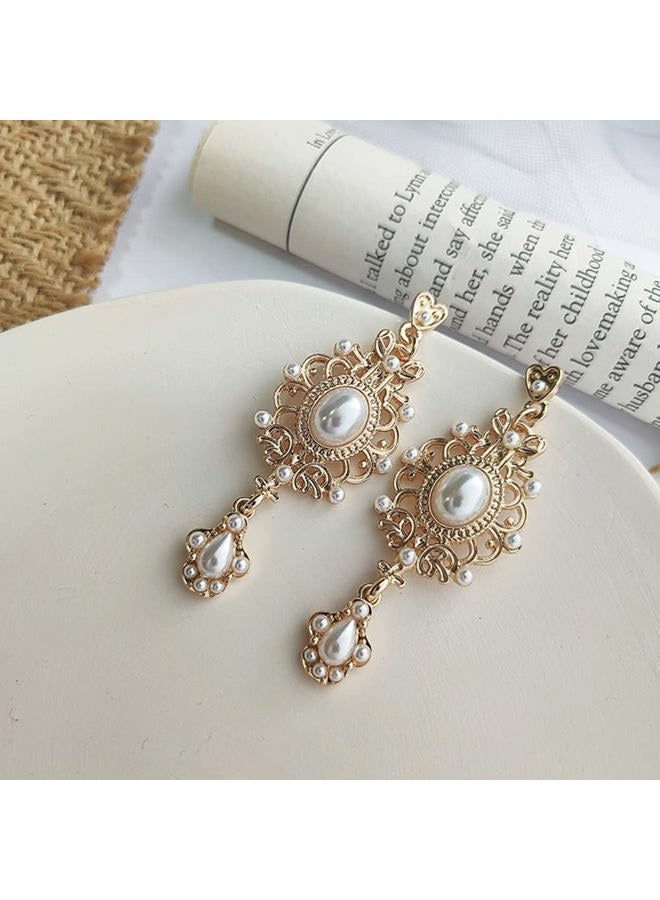 Minzaos BETHYNAS Baroque Pearl Dangle Earrings Retro Palace Style Pearl Chandelier Earrings Vintage Pearl Earrings Bridal Earrings Gorgeous Earrings for Girls Women - Image 2