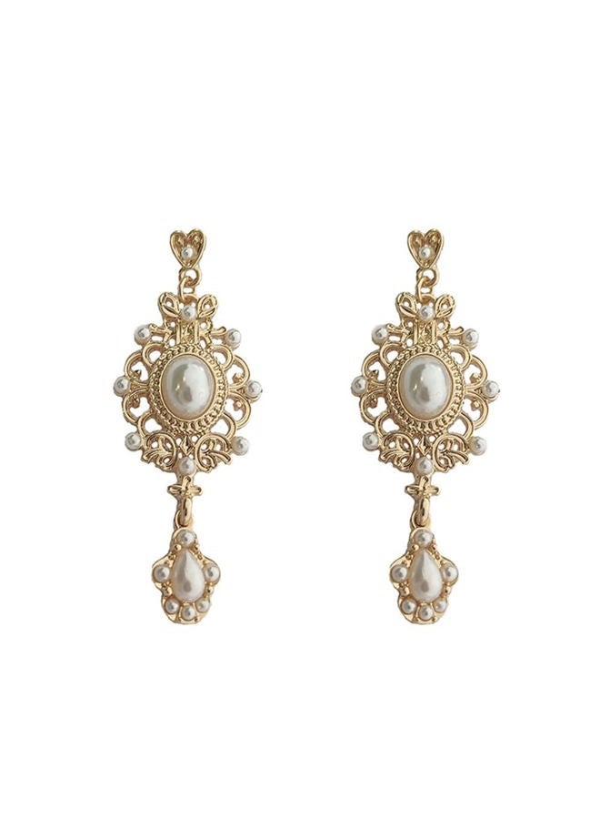 Minzaos BETHYNAS Baroque Pearl Dangle Earrings Retro Palace Style Pearl Chandelier Earrings Vintage Pearl Earrings Bridal Earrings Gorgeous Earrings for Girls Women - Image 1