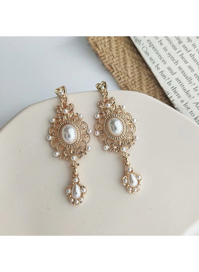 Minzaos BETHYNAS Baroque Pearl Dangle Earrings Retro Palace Style Pearl Chandelier Earrings Vintage Pearl Earrings Bridal Earrings Gorgeous Earrings for Girls Women - Image 3