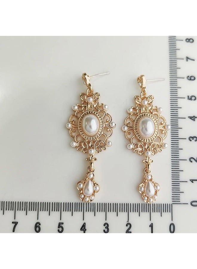 Minzaos BETHYNAS Baroque Pearl Dangle Earrings Retro Palace Style Pearl Chandelier Earrings Vintage Pearl Earrings Bridal Earrings Gorgeous Earrings for Girls Women - Image 4