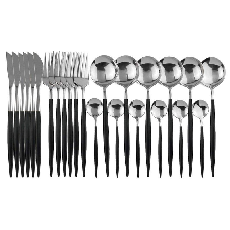 JANKNG 24Piece Flatware Set 180 Stainless Steel Knife Fork Spoon Teaspoon Silverware Set Service for 6 Black Handle Silver