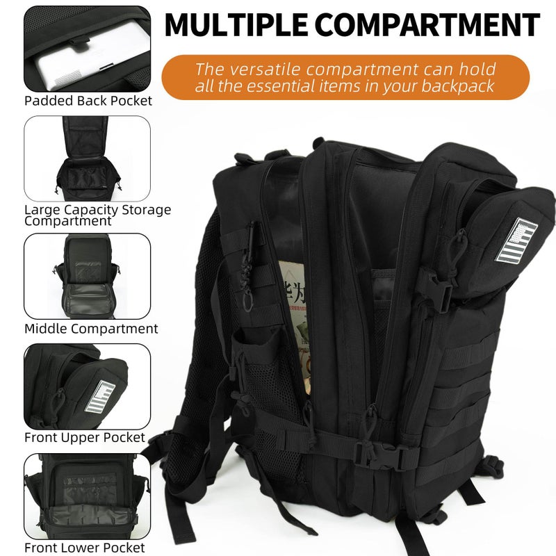 gracedon Military Tactical Backpack for Men and Women Army Camping Daypack Bug out Bag 45l Asault Pack for Travel Hiking (Black) - Image 2