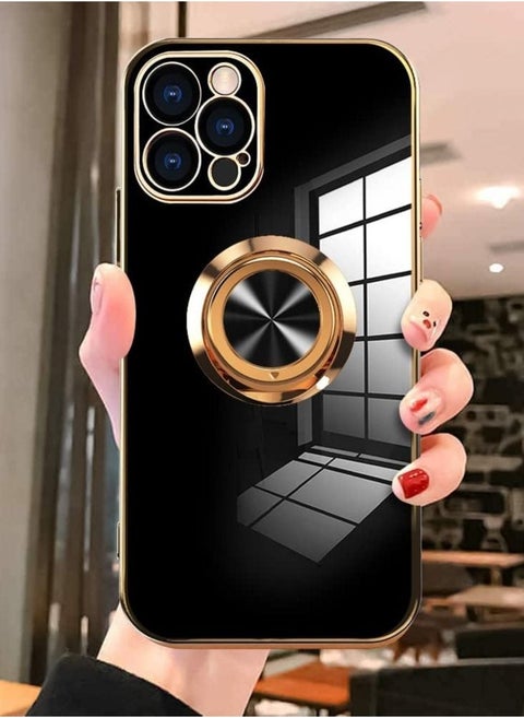 Compatible with iPhone 14 Pro Case with Screen Protector Plating Built-in 360 Rotation Magnetic Ring Kickstand Holder Soft Slim Edges Shockproof Bumper Protective Cover (Black)