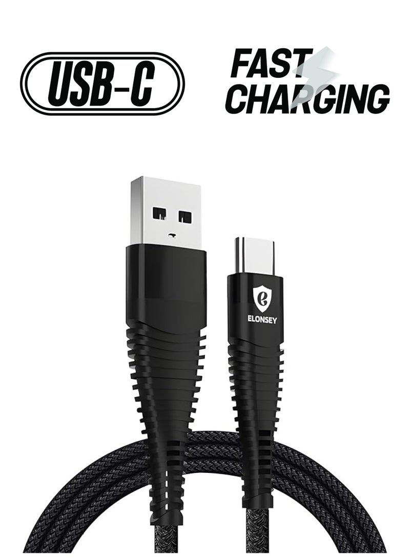 ELONSEY كابل شحن سريع USB C، كابل شاحن USB A إلى USB C متوافق مع Samsung Galaxy S23/S22 Ultra، Note 20، Pixel وجميع أجهزة USB C - أسود 2 متر - Image 1