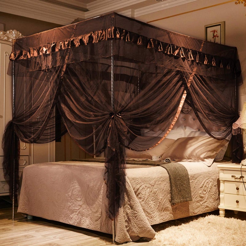 Mengersi 4 Corners Post Canopy Bed Curtains for Adults Bed Netting Bedroom Decoration (Queen, Coffee) - Image 2
