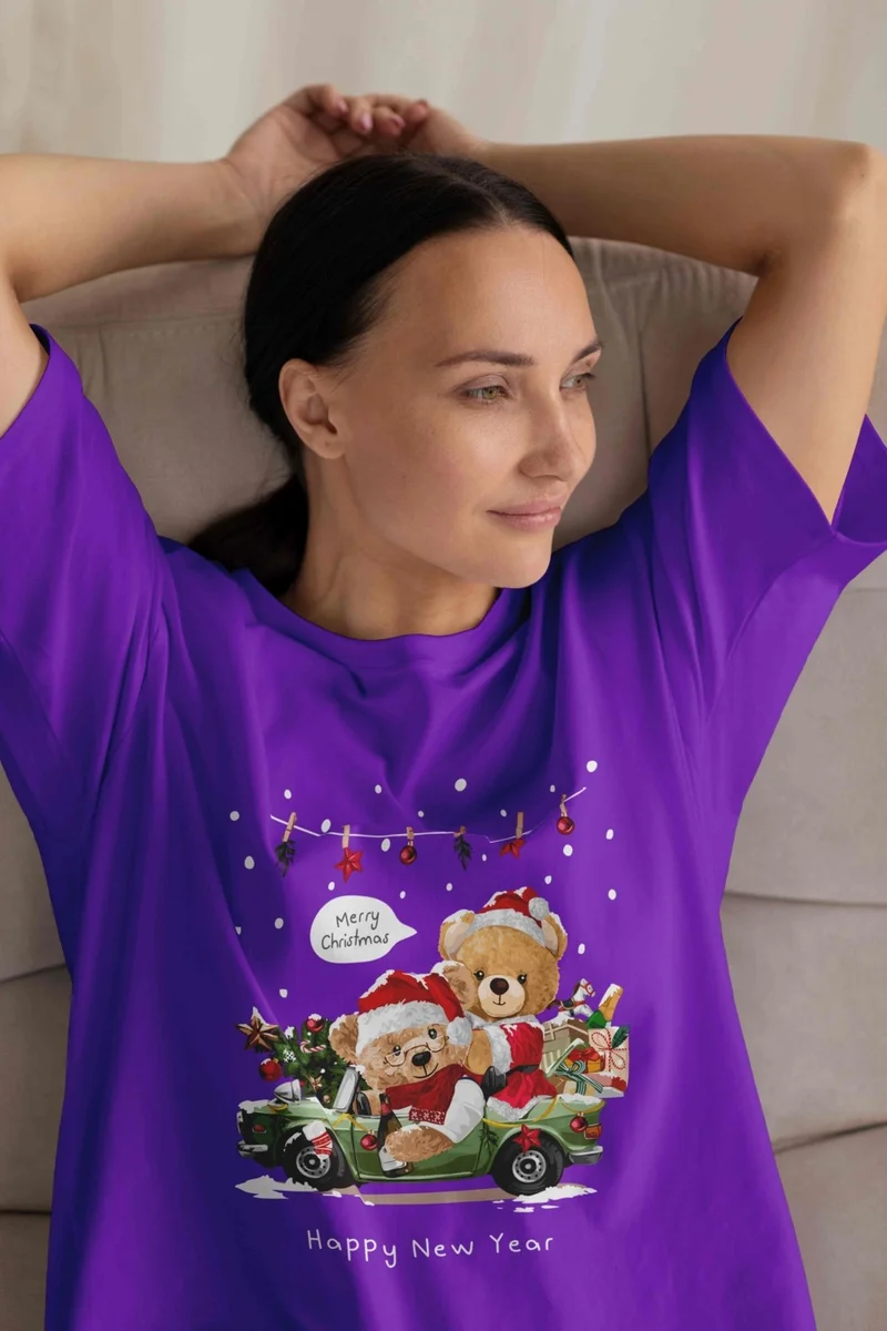 DogFish Women's Lilac Teddy Printed Oversize T-Shirt