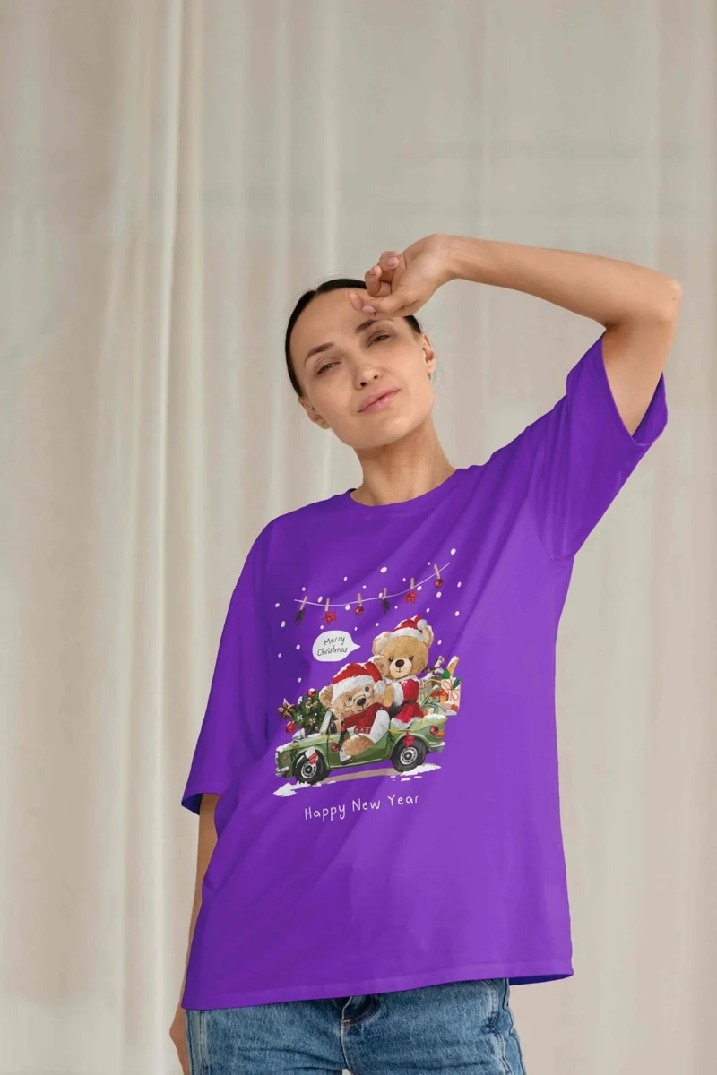DogFish Women's Lilac Teddy Printed Oversize T-Shirt