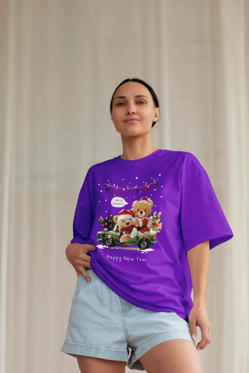 DogFish Women's Lilac Teddy Printed Oversize T-Shirt