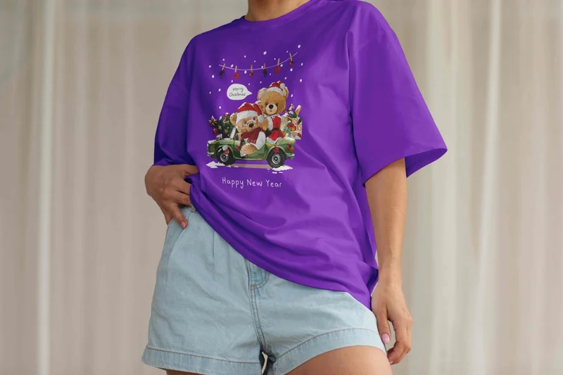 DogFish Women's Lilac Teddy Printed Oversize T-Shirt