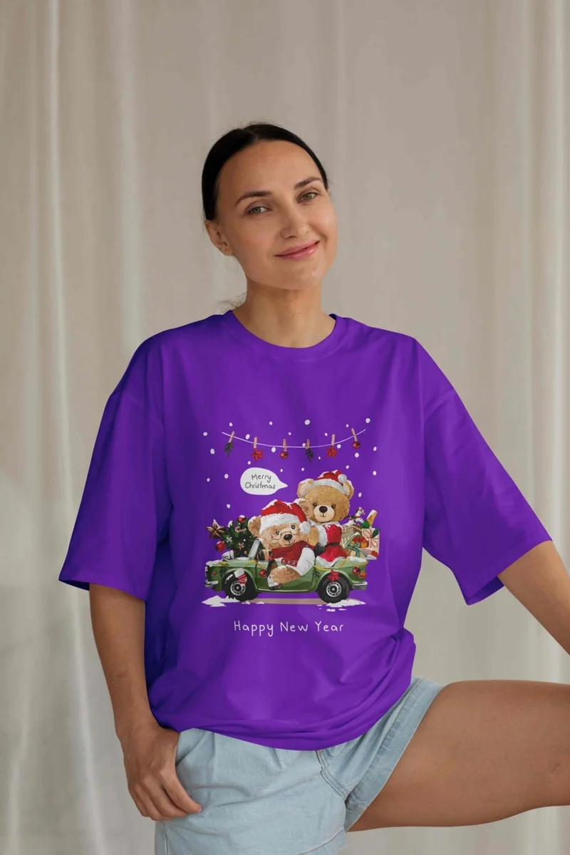 DogFish Women's Lilac Teddy Printed Oversize T-Shirt