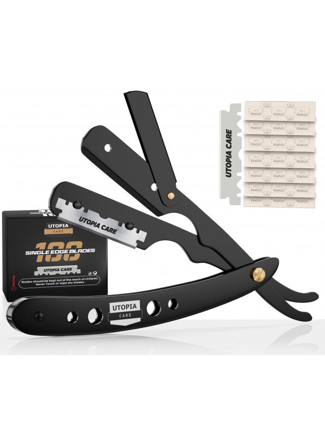 Utopia Care Professional Barber Straight Edge Razor Safety with 100-Pack Blades - 100 Percent Stainless Steel (Black) - Image 1