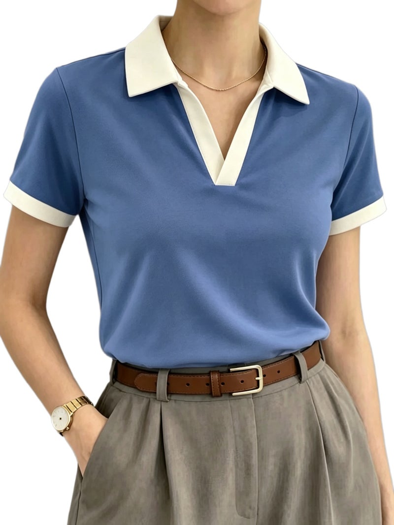 Women'S Slim Fit Straight Shoulder Polo Shirt Fashionable Versatile Short Sleeve T - Shirt Summer Breathable Casual Top - Sky Blue / S - Image 1