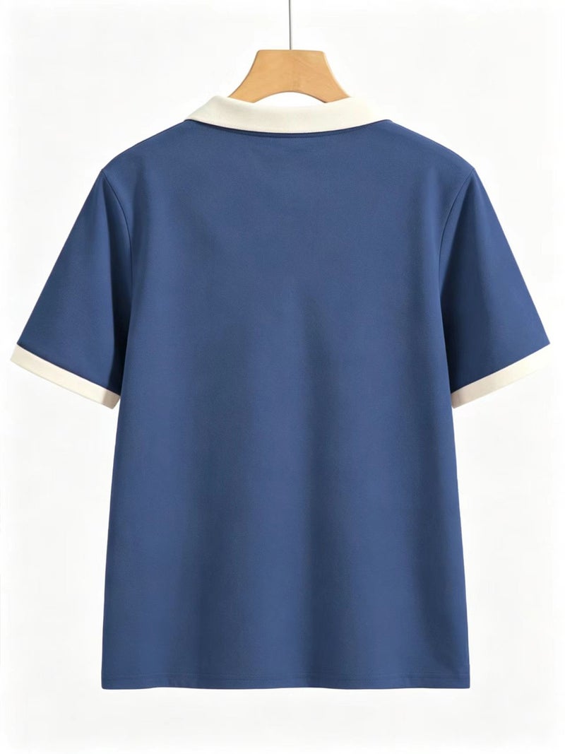 Women'S Slim Fit Straight Shoulder Polo Shirt Fashionable Versatile Short Sleeve T - Shirt Summer Breathable Casual Top - Sky Blue / S - Image 2