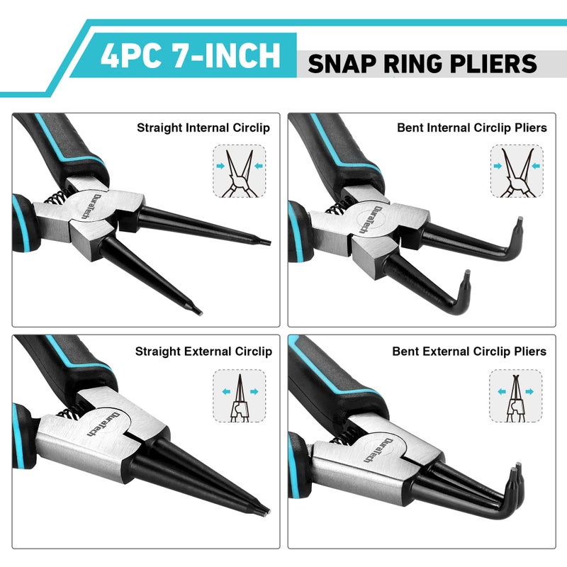 DuraTech 4 PCS Snap Ring Pliers Set, 7 Inch Heavy Duty Internal & External Circlip Pliers Kit with Straight/Bent Jaw, Premium CRV Steel, Precision Spring Loaded C Clip Pliers with Storage Pouch - Image 2