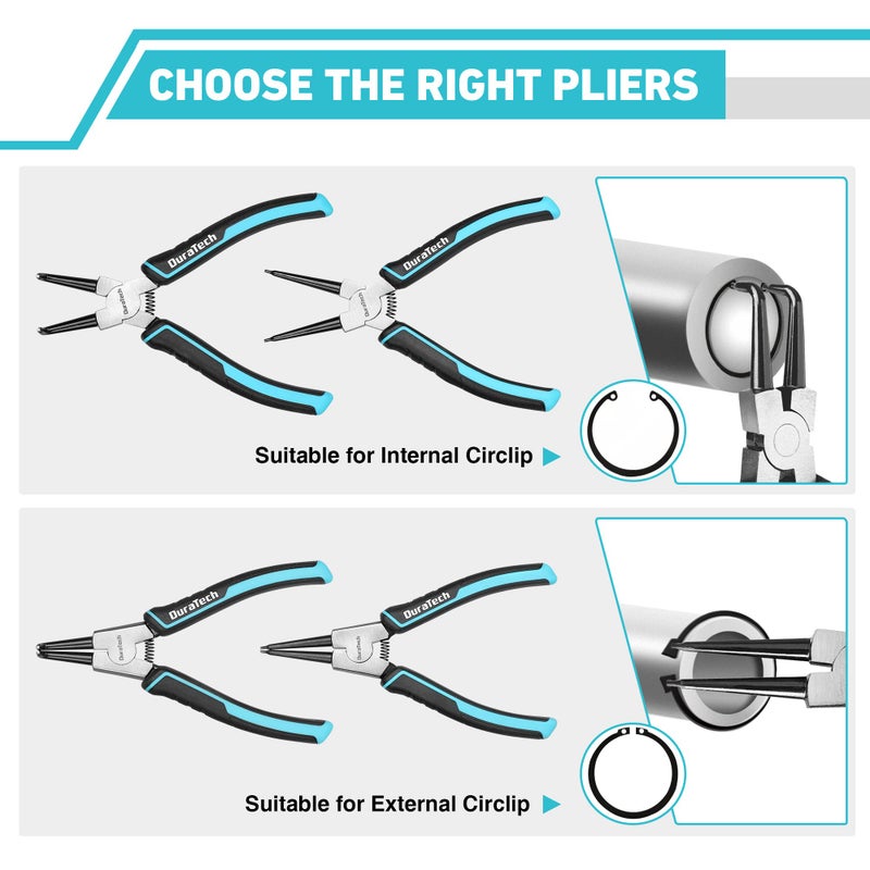 DuraTech 4 PCS Snap Ring Pliers Set, 7 Inch Heavy Duty Internal & External Circlip Pliers Kit with Straight/Bent Jaw, Premium CRV Steel, Precision Spring Loaded C Clip Pliers with Storage Pouch - Image 4