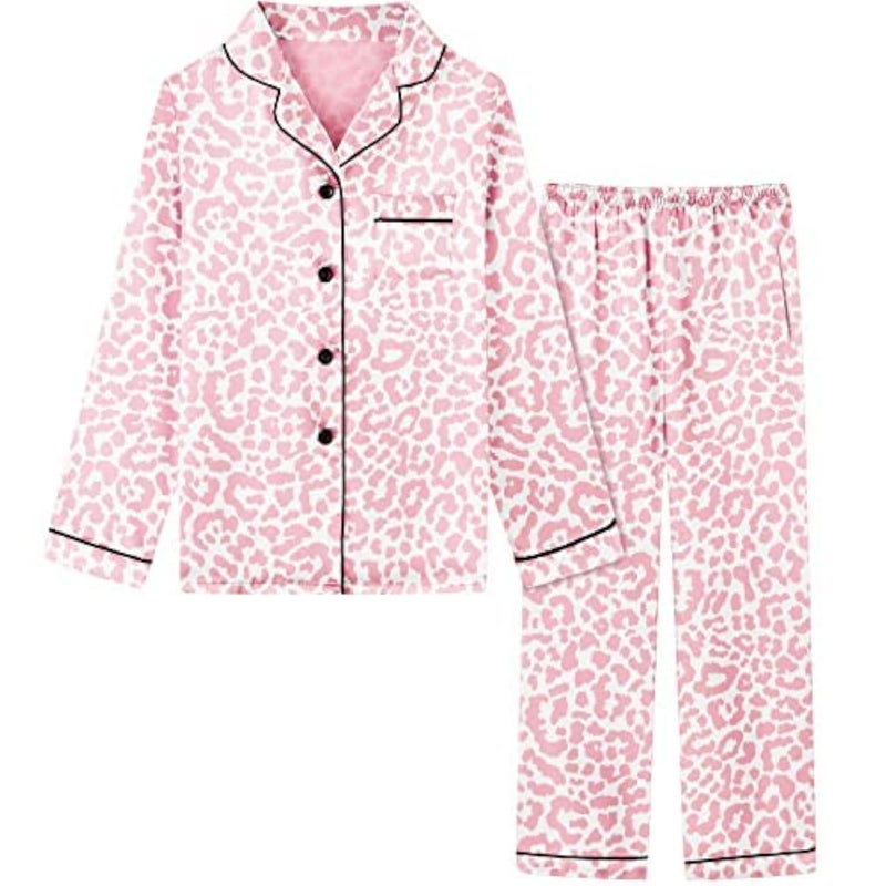 Schbbbta Satin Pajamas Sets for Girls, 2 Pcs Sleepwear Silk Button-Down Pj Set Loungewear, Bright Pink Leopard, 9-10 Years = Tag 150 - Image 1