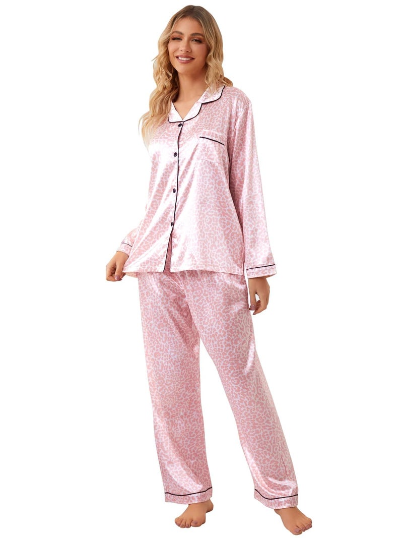 Schbbbta Satin Pajamas Sets for Girls, 2 Pcs Sleepwear Silk Button-Down Pj Set Loungewear, Bright Pink Leopard, 9-10 Years = Tag 150 - Image 4