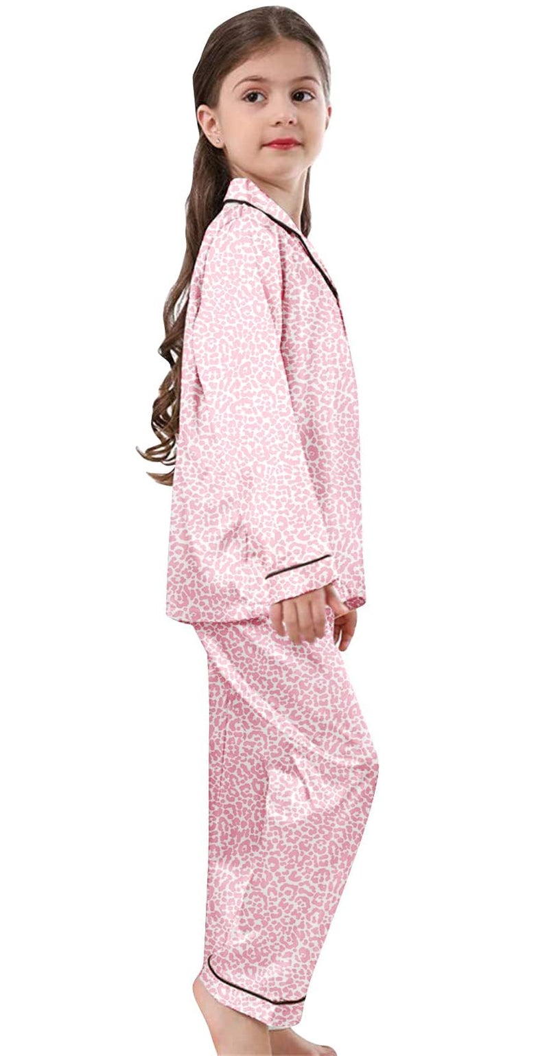 Schbbbta Satin Pajamas Sets for Girls, 2 Pcs Sleepwear Silk Button-Down Pj Set Loungewear, Bright Pink Leopard, 9-10 Years = Tag 150 - Image 3