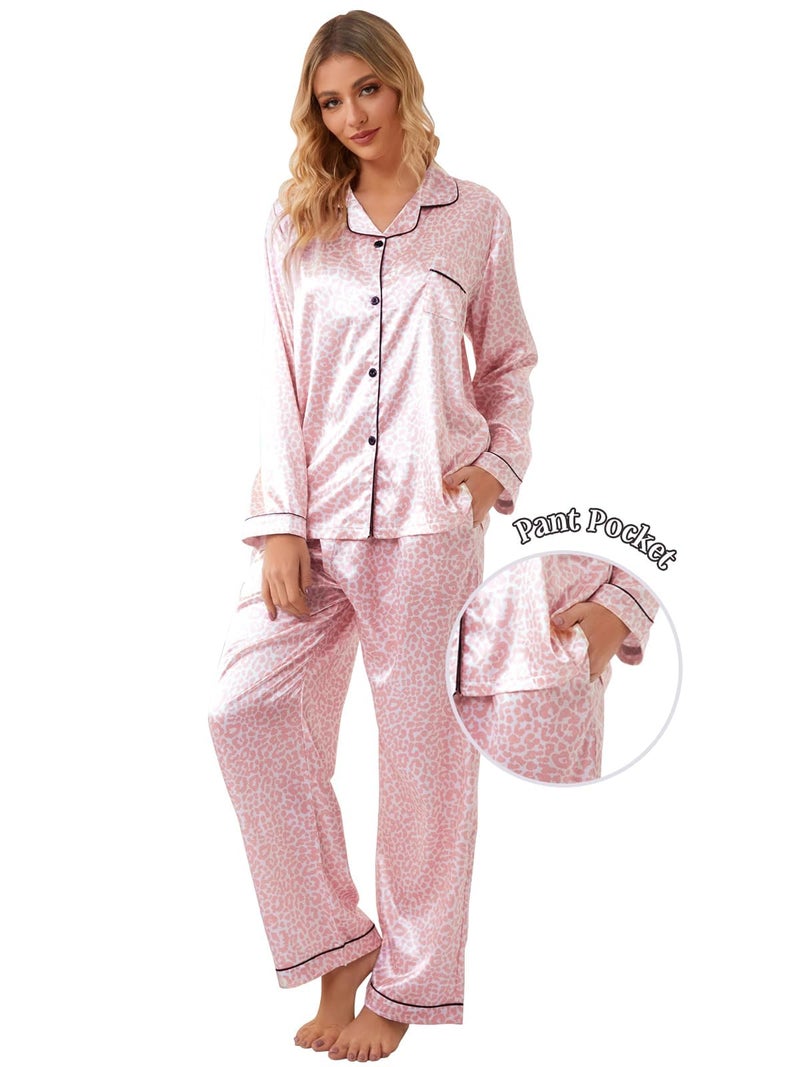 Schbbbta Satin Pajamas Sets for Girls, 2 Pcs Sleepwear Silk Button-Down Pj Set Loungewear, Bright Pink Leopard, 9-10 Years = Tag 150 - Image 5