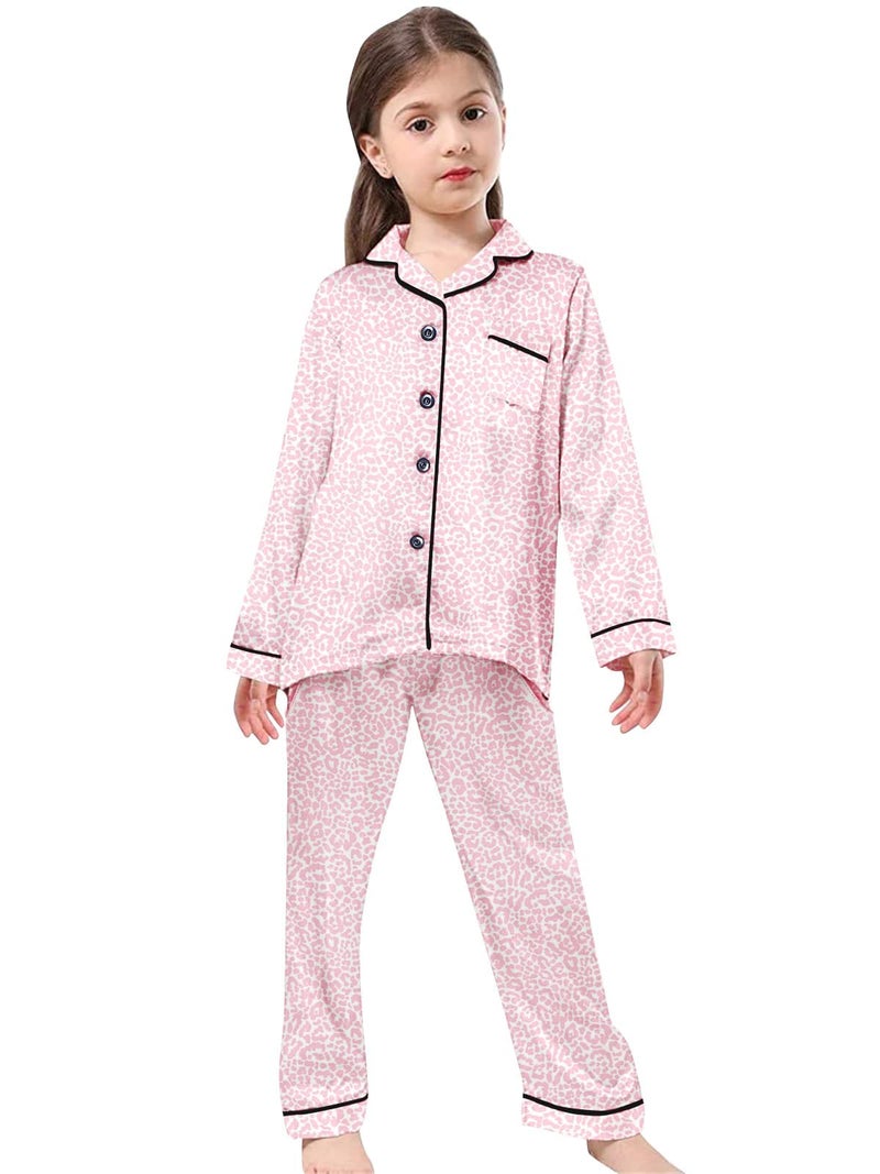 Schbbbta Satin Pajamas Sets for Girls, 2 Pcs Sleepwear Silk Button-Down Pj Set Loungewear, Bright Pink Leopard, 9-10 Years = Tag 150 - Image 2