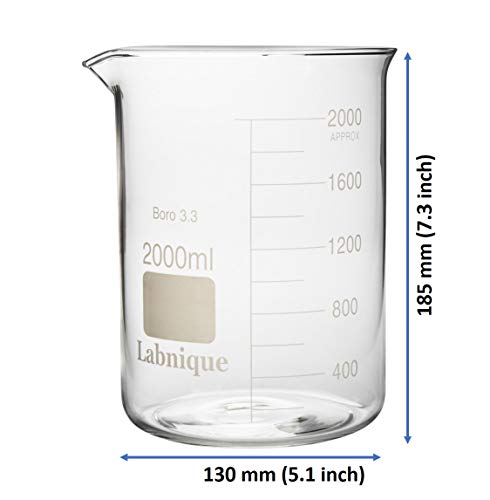 Labnique Borosilicate 3.3 Glass Griffin Beaker, Low Form with Printed Graduation (2000ml) - Image 2