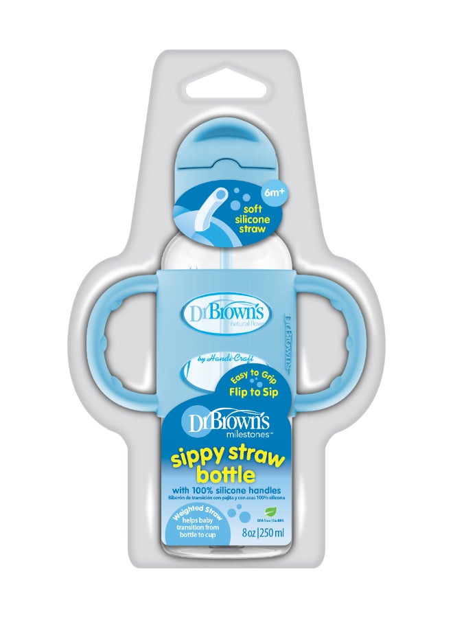 Dr. Brown’s 8 Oz/250 Ml Anti-Colic Pp Narrow Sippy Straw Bottle With Silicone Handles, Blue, 1-Pack - Image 2