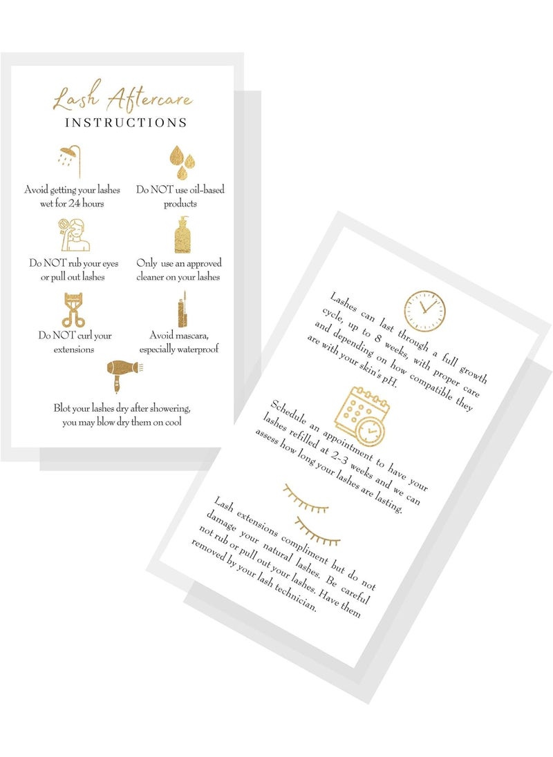 VORAGA - Lash Extension Aftercare Instructions Cards | 50 Pack | Size 3.5x2" inches After Care (2-3 Week Fillers) | White with Gold Icons Design - Image 1