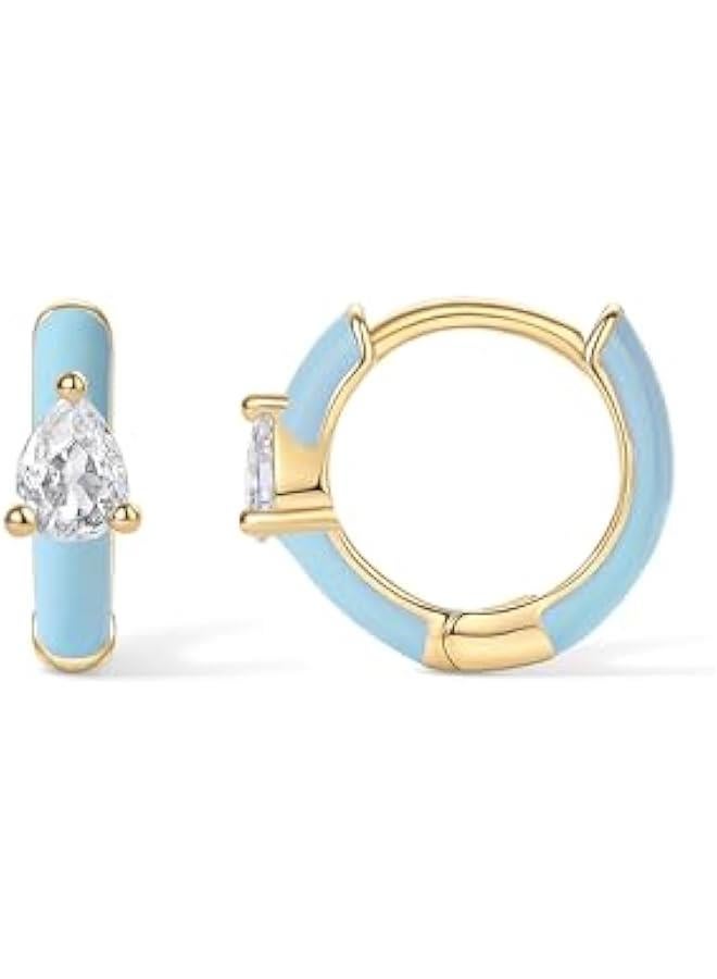 PAVOI 14K Gold Plated Sterling Silver Post Earrings for Women - Colored Enamel Cubic Zirconia Huggie Hoop Earrings - Blue Pink Purple White Jewelry - Image 1