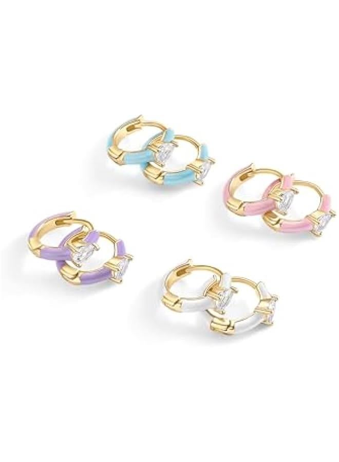 PAVOI 14K Gold Plated Sterling Silver Post Earrings for Women - Colored Enamel Cubic Zirconia Huggie Hoop Earrings - Blue Pink Purple White Jewelry - Image 3