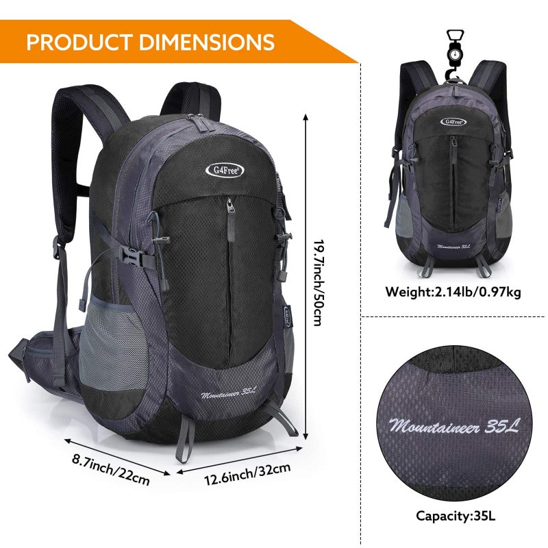 G4Free 35L Hiking Backpack Water Resistant Outdoor Sports Travel Daypack Lightweight with Rain Cover for Women Men (Black) - Image 2