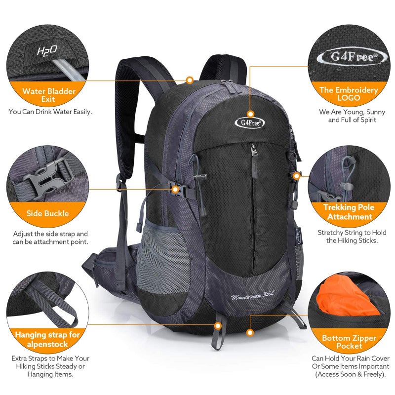 G4Free 35L Hiking Backpack Water Resistant Outdoor Sports Travel Daypack Lightweight with Rain Cover for Women Men (Black) - Image 3