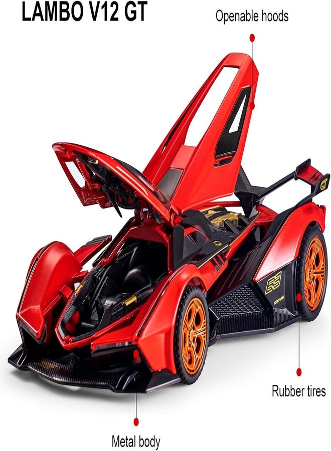 endevi Scale Exclusive Alloy Metal Pull Back Die-cast Car Model with Sound Light Mini Auto Toy for Kids Metal Model Toy Car with Sound and Light (1:32 Scale Lamborghini RANBO V12GT-RED) - Image 5