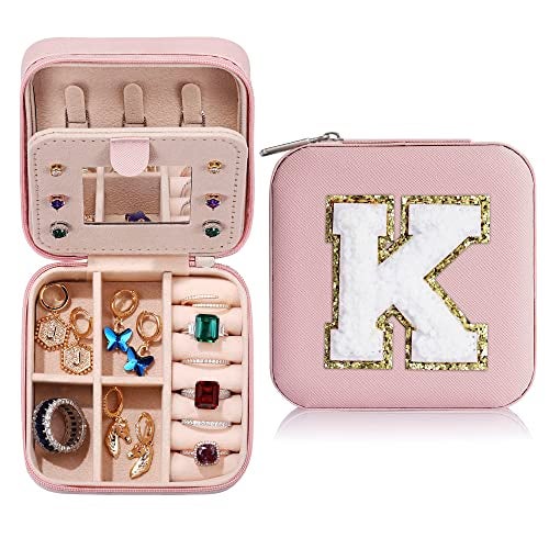 Parima Gifts for Women - Personalized Gift for Women, Birthday Gift for Woman, Travel Gifts, Small Gifts, Cute Travel Jewelry Cases Small Jewelry Box | Letter K, Pink - Image 1