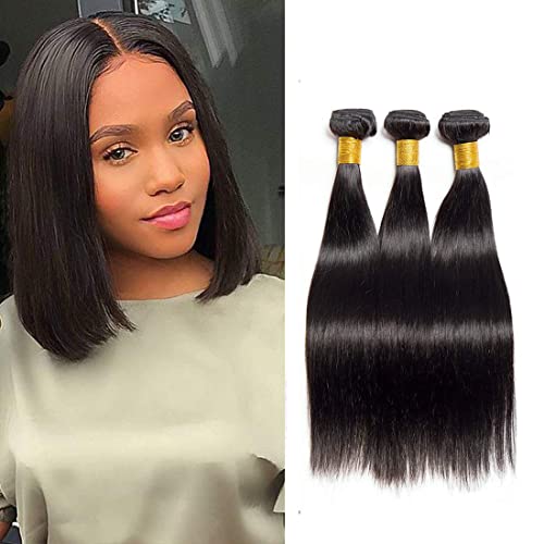Rebasar Straight Human Hair Bundles 10 10 10 Inch Short Virgin Hair Weave Bundles Human Hair Straight for Women Remy Weft Hair Extensions Natural Black - Image 1