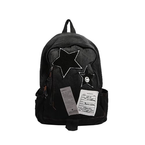 KANGDAWEI Cute Star Denim Backpack, Grunge Y2K Vintage Fashion Bookbag, Aesthetic Emo 2000s Backpack for Women Men Casual Bag (Black) - Image 1
