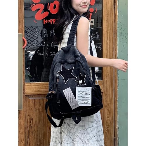 KANGDAWEI Cute Star Denim Backpack, Grunge Y2K Vintage Fashion Bookbag, Aesthetic Emo 2000s Backpack for Women Men Casual Bag (Black) - Image 2