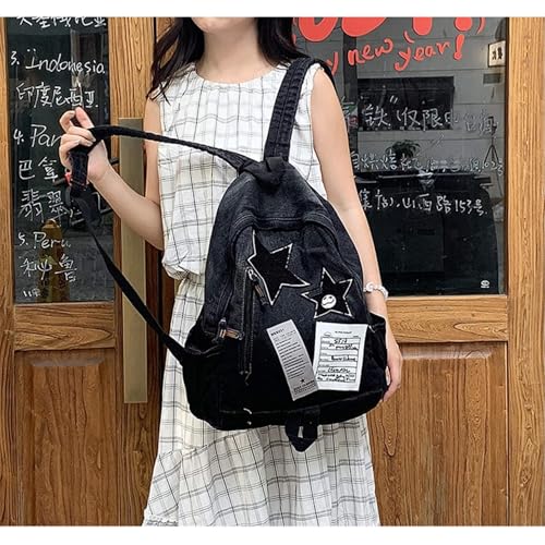 KANGDAWEI Cute Star Denim Backpack, Grunge Y2K Vintage Fashion Bookbag, Aesthetic Emo 2000s Backpack for Women Men Casual Bag (Black) - Image 3